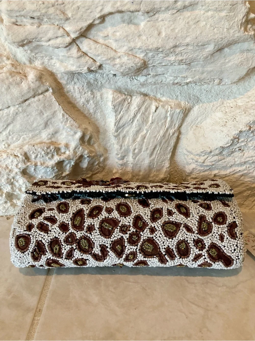 NWT “Handcrafted in India” flap front glass beaded leopard print pattern clutch